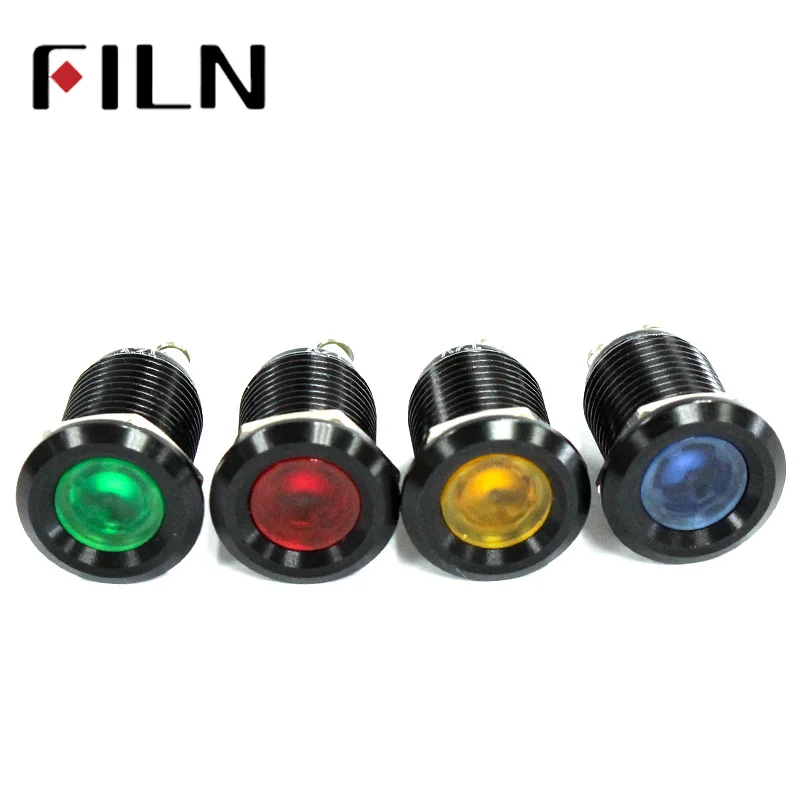 FILN 12mm 220v 24v 12v indicator metal flat flush type screw pin led emergency lamp yellow red blue white