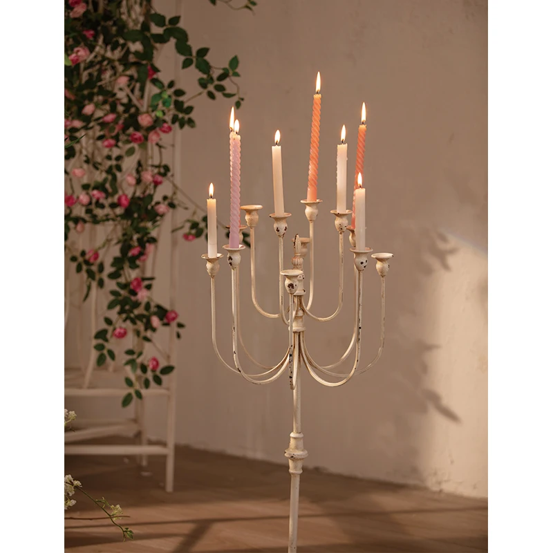 Vintage Distress Metal Candle Stand for Home Decor Menorah Church Candelabra White Iron Holder Decorative Candle Holder Designs