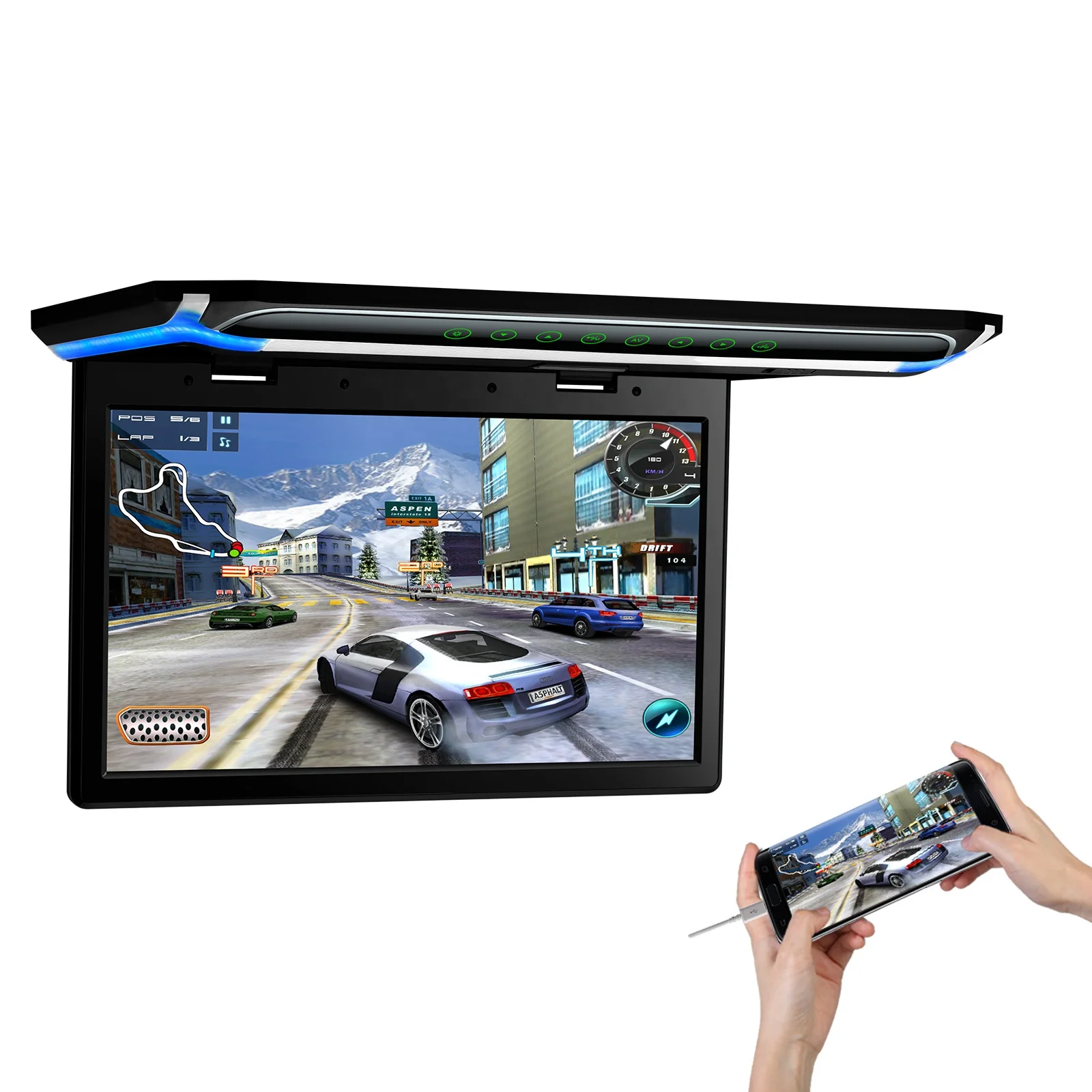 15.6 inch Flip-down Car Roof Entertainment Monitor with Blue atmospheric LED Light Bar Supports Positive & Negative Door Control