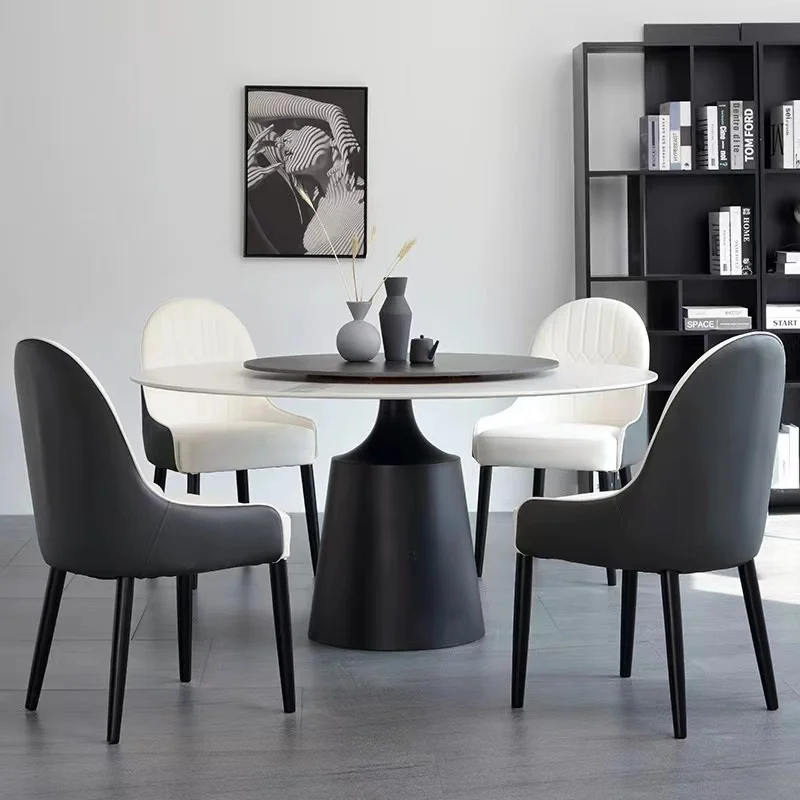 Modern Light Luxury Minimalist Round Rock Board Dining Table Stainless Steel Round Table with Turntable