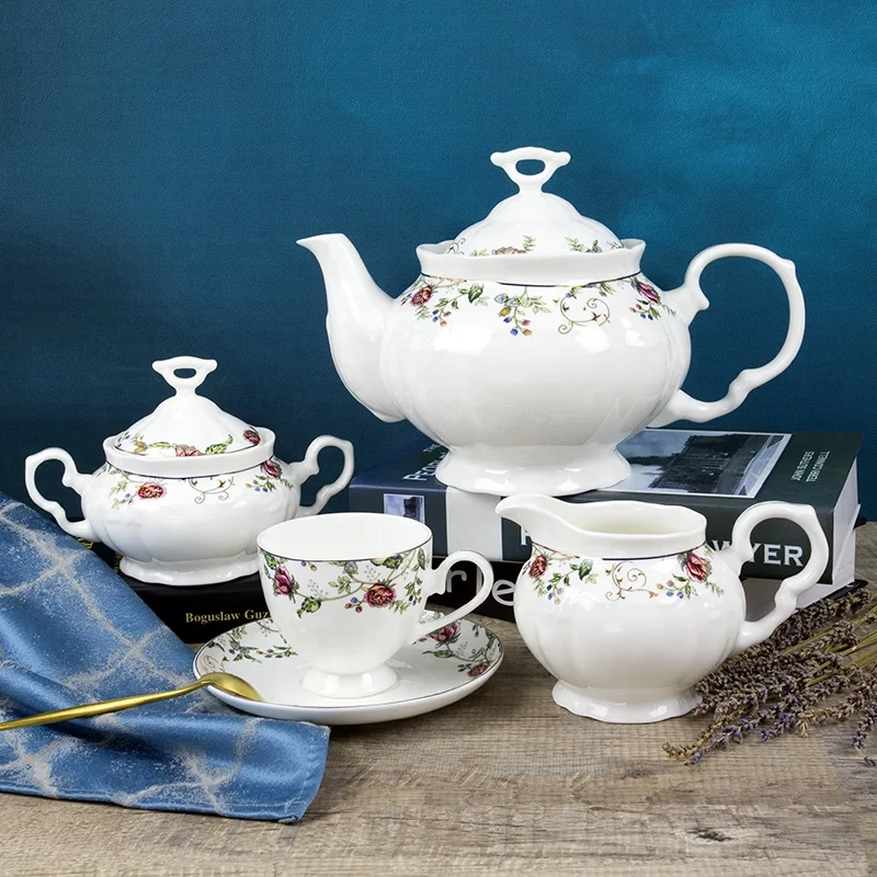 Wholesale and retail 15 pcs fine bone china ceramic gold flower decal porcelain tea set