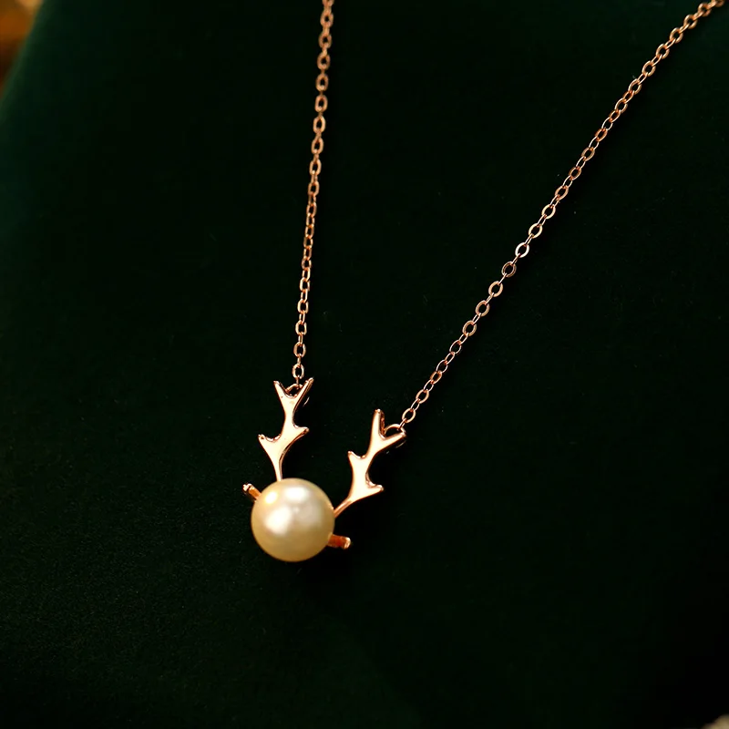 Christmas 925 Sterling Silver Fine Jewelry Pearl Antler Pendant Necklace Jewelry for Women