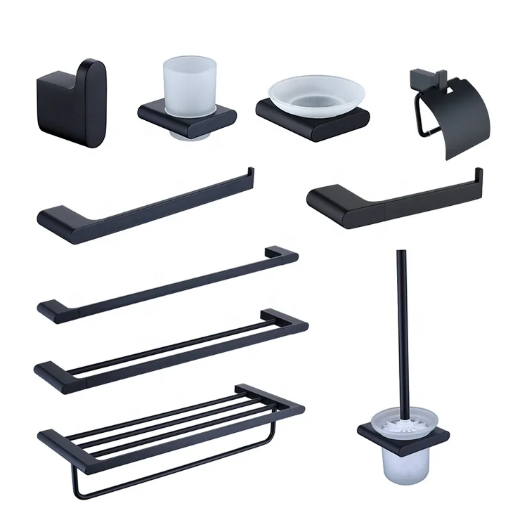 China Factory Black Double Towel Bar Shelf Rack Bathroom Accessories Wall Towel Rack