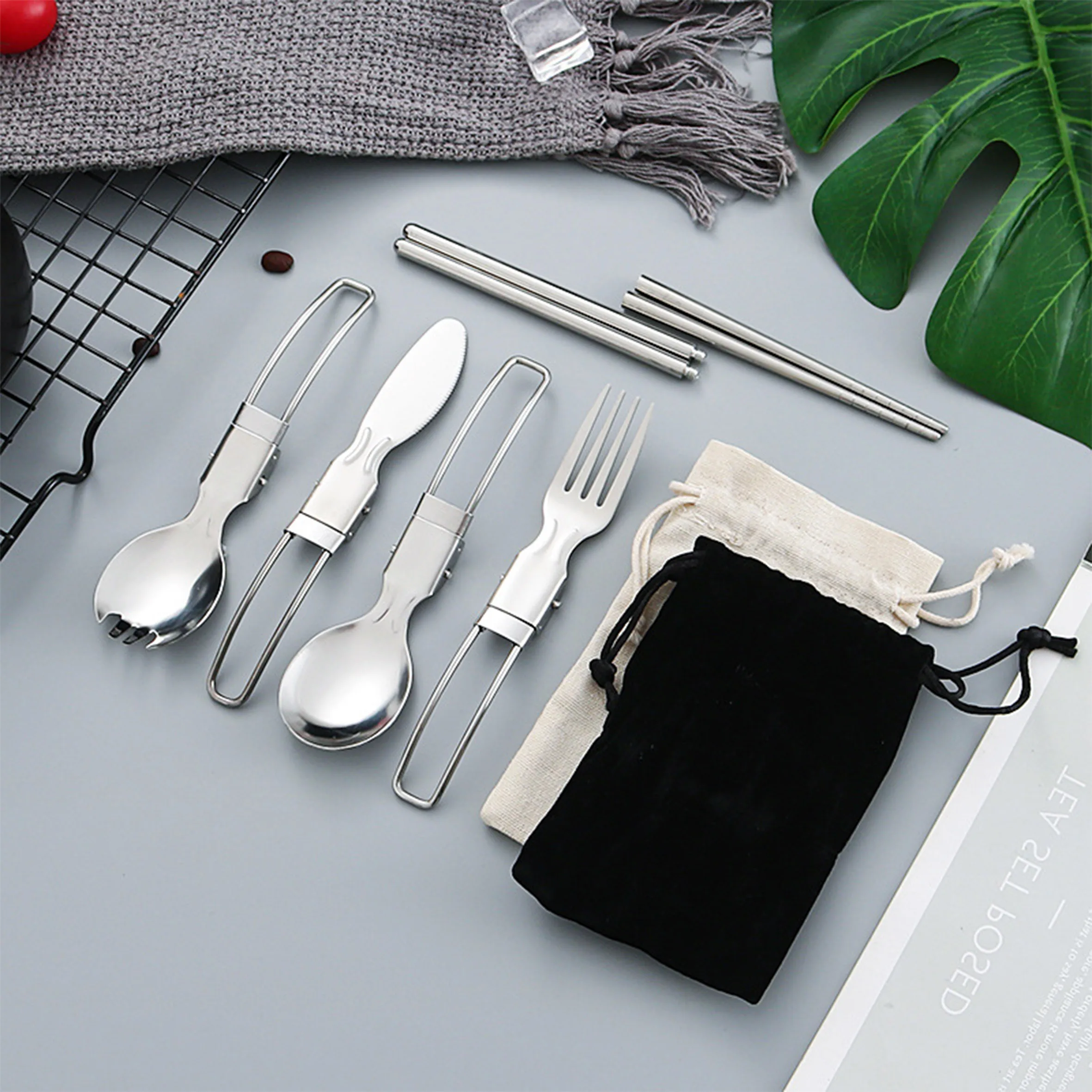 Factory Wholesale Red Stainless,Steel 6-in-1 foldable Camping And Outdoor Cutlery Set/