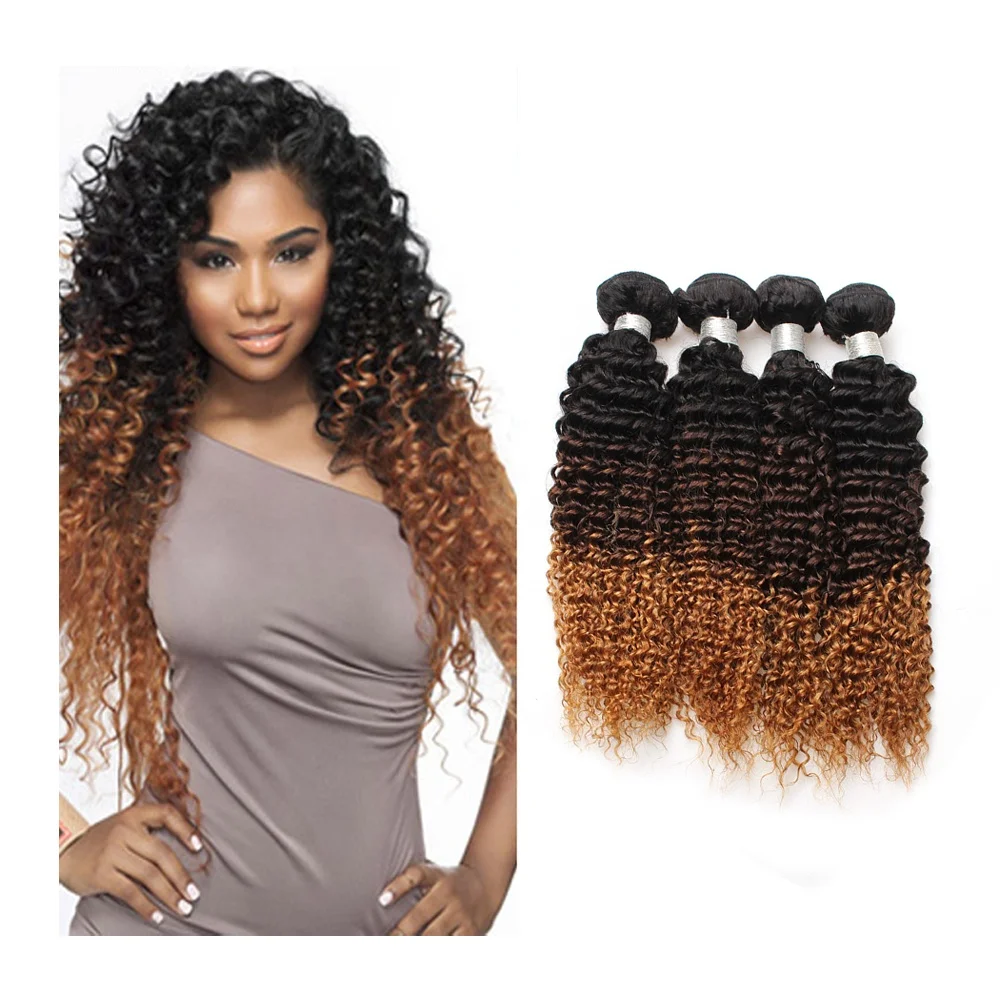 Hot Sale Indian Hair Weave Extension Weft Ombre Three Tone Kinky Curly Cheap Virgin Cuticle Aligned Hair Bundles Vendors