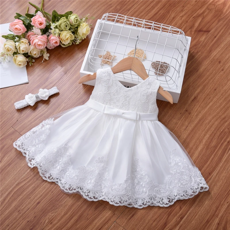 M190 Cute Bow Kids Baby Girl Baptism Dress V-back Sleeveless Toddler Ball Gown Christening Dress For Baby Girl