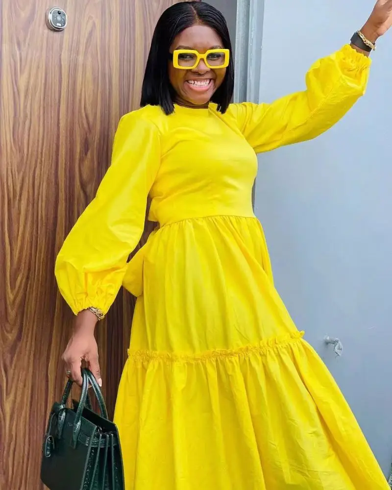 Wholesale Clothing New Casual Elegant Puff Sleeve High Waist Long Sleeve Maxi Pleat Dress with Cloth Belt