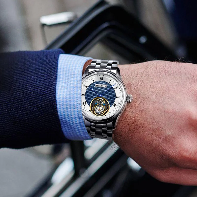 Jinlery Fashion Tourbillon Watch for Men Mechanical Hand Wind Wristwatch Men Watch Luminous Flywheel Watches Relogio Masculino