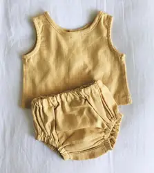 New soft yellow two pieces baby cotton and linen clothes sets top tshirt & shorts 2pcs set