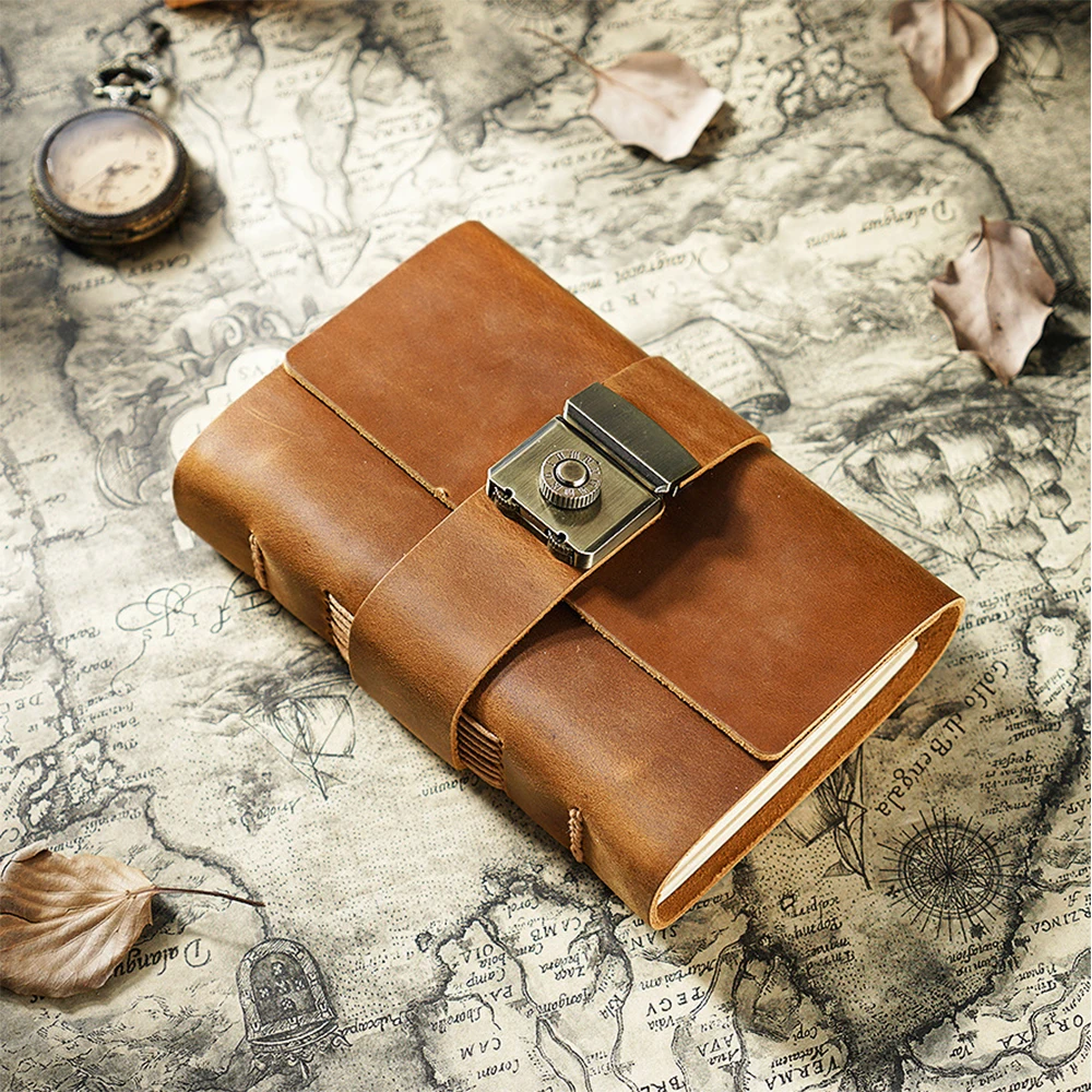 Vintage Genuine Leather Diary Hand Ledger Combination Lock Stationery Gifts Top Layer Cowhide Notebook Business Journals Custom