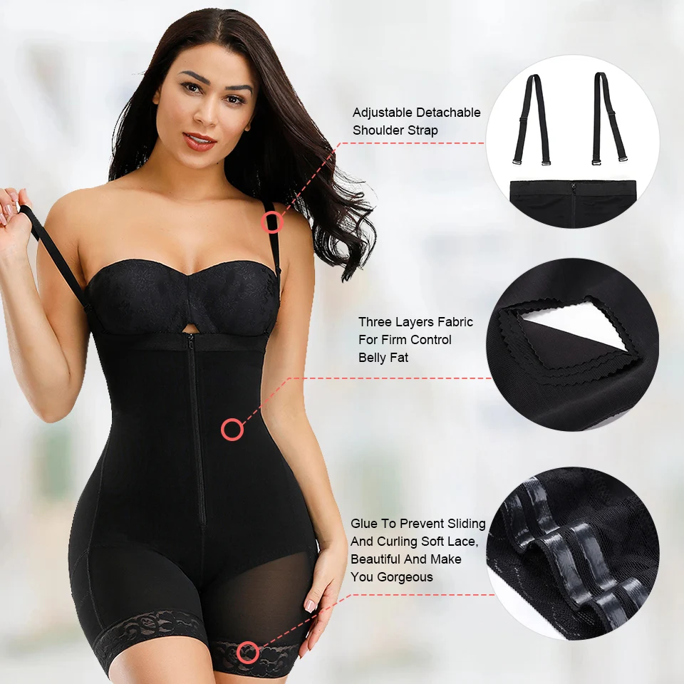 
Best Black Detachable Straps Full Body Shaper Zipper Slimming Tummy Enhance Butt Lifting Lingerie Bodysuit 