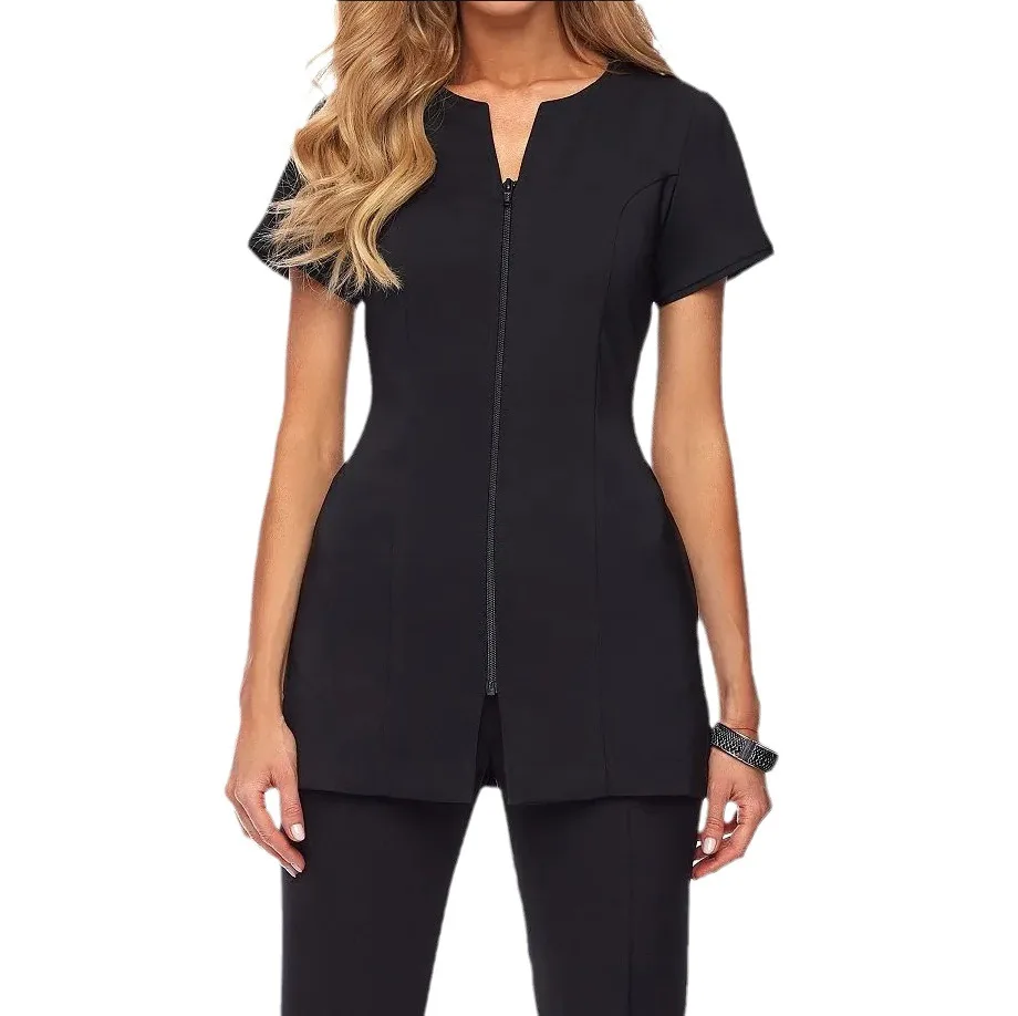 MengYipin Customized Salon Workwear Fashionable Zipper Tunic Spa Uniform Scrubs Sets Stretchy Salon Tunics