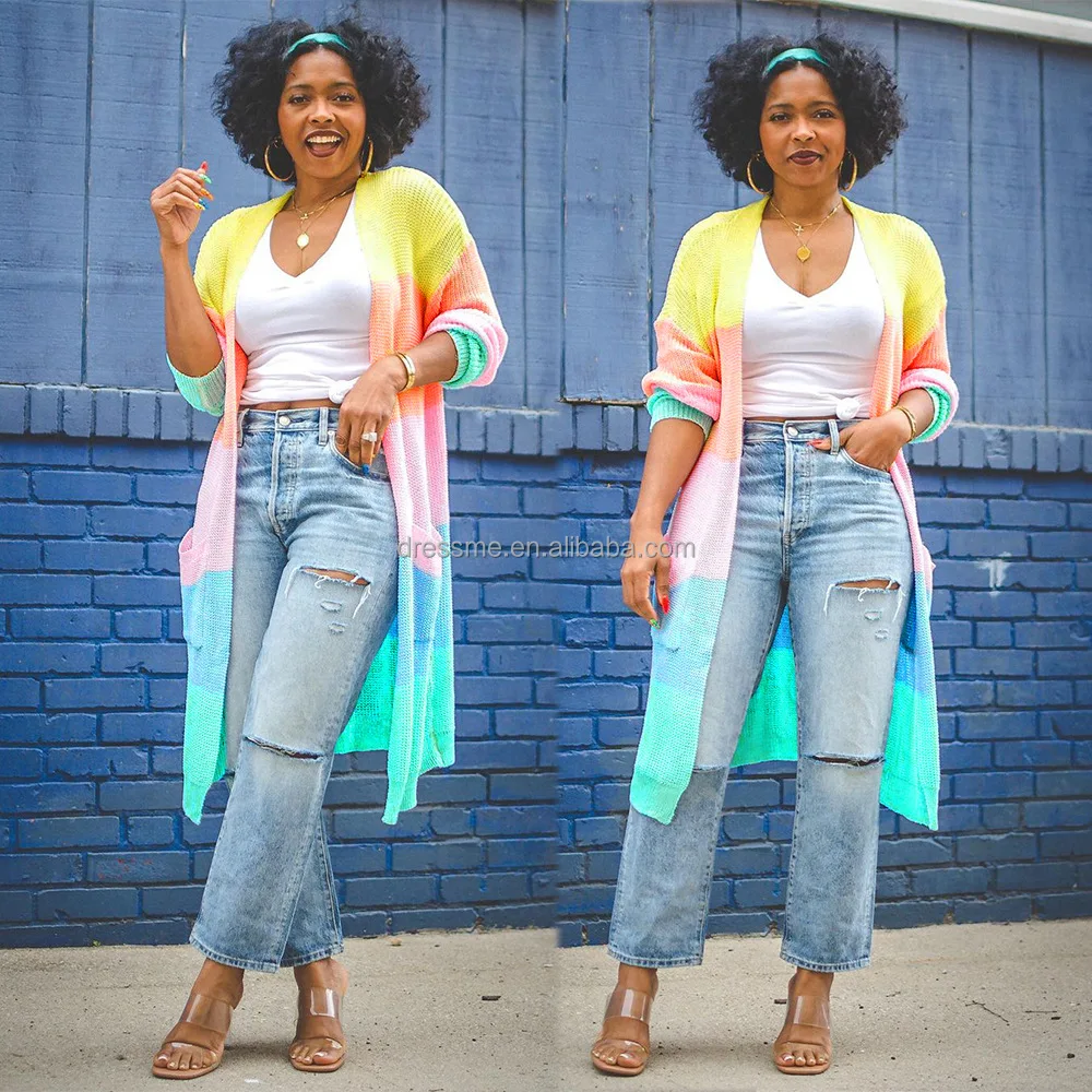 MT53-065  New Women Autumn Winter Loose Long Sleeve Girls Fashion Rainbow Color Matching Knit Casual Cardigan Knitwear Sweater