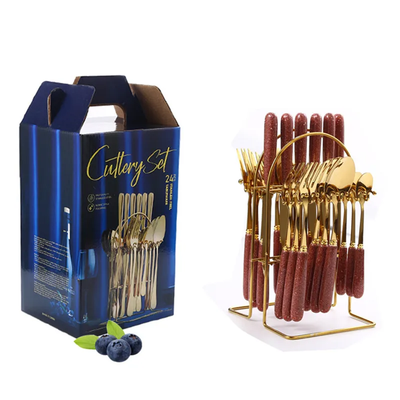 24 pcs gold and silverware cutlery set with stand stainless steel cutlery set mirror polished can be used for dishwasher