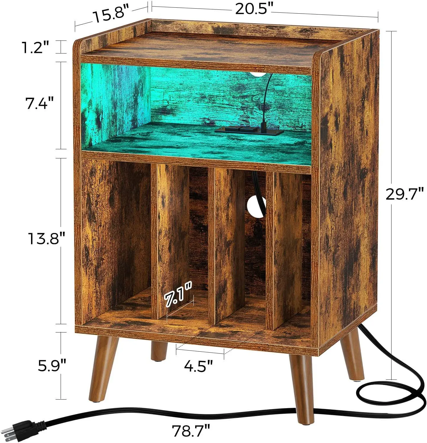 Wooden CD Storage Rack with Power Socket & USB Charging Record Player Shelf for Dining Living Room Nightstand or Side Table