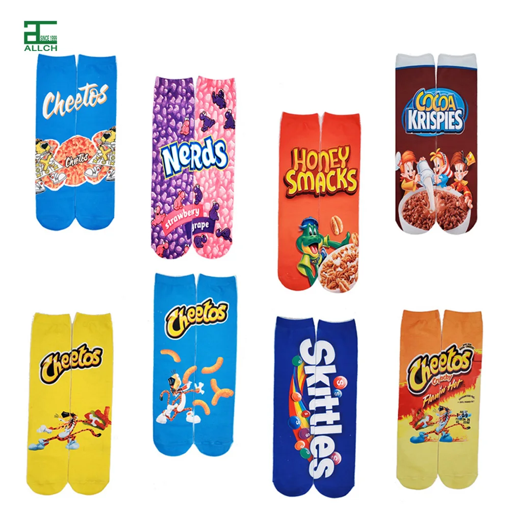 ALLCH Wholesale Printed Cheetos Lays Doretos Food Patterned Cotton Polyester Adults Tube Long Sublimation Blank Socks For Ladies