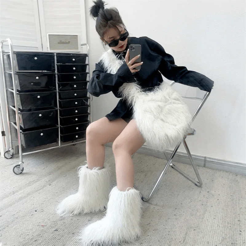 Hot Sales winter knee high boots and bags set fashion mongolian fur boots matching shoes and faux fur bags set for women