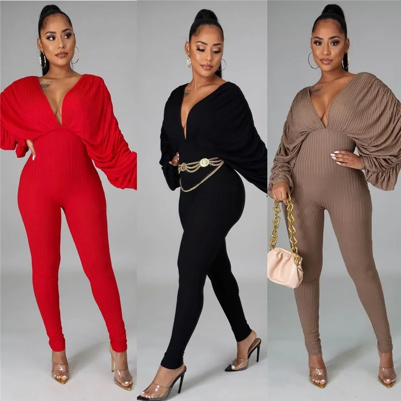 D4079 Custom Label Long Sleeve Off The Shoulder V Neck Jumpsuits For Women 2021