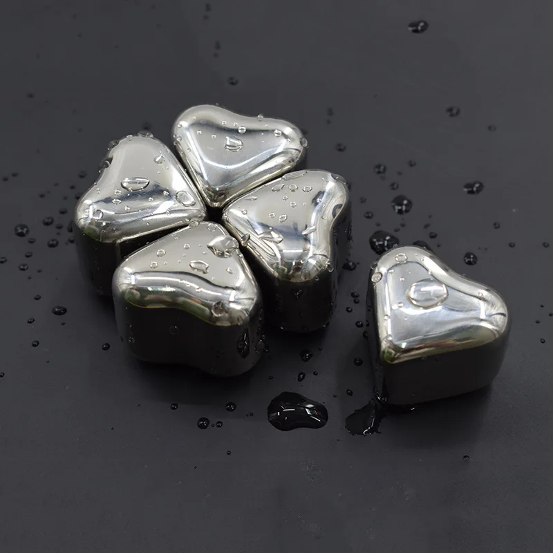 Wholesale Reusable Silver Heart Shaped Whiskey Stone Ice Wine Stone Bar Tools Stainless Steel Whiskey Stones Shunstone Factory