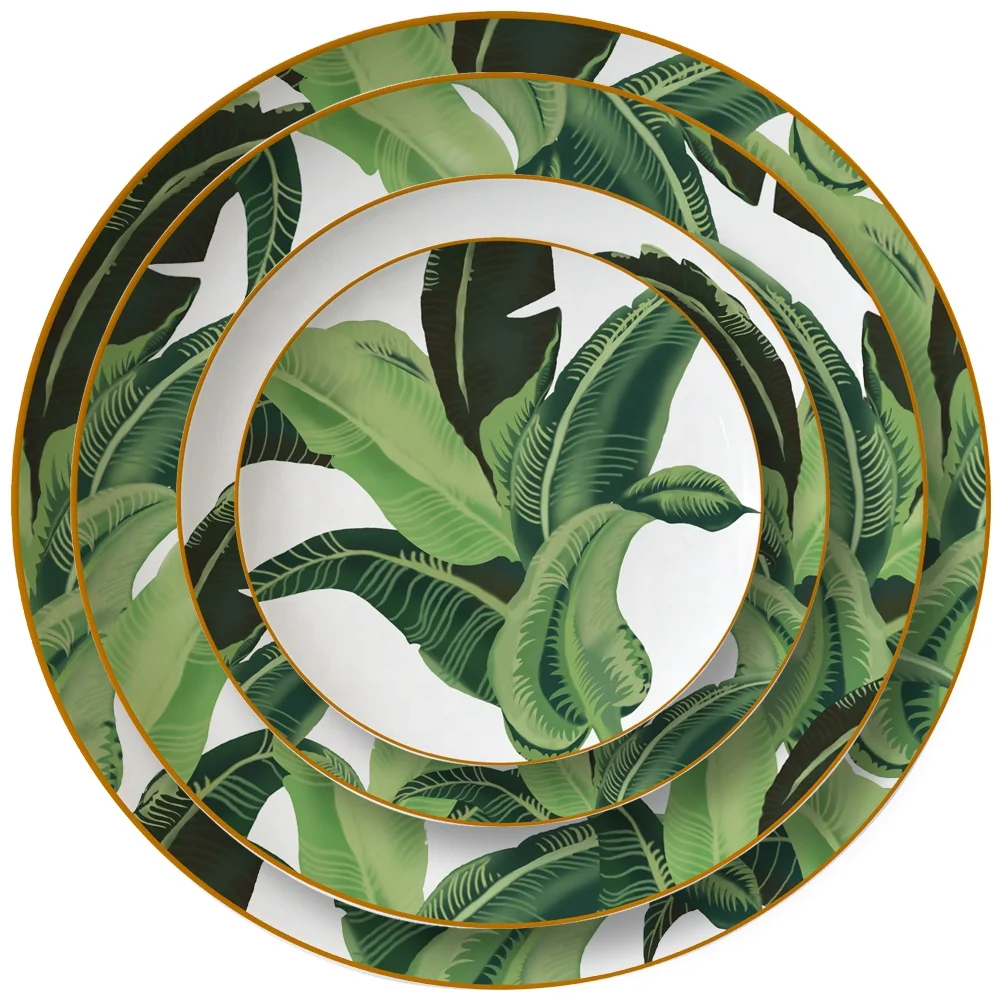 Green salad plate wedding new bone china dinner sets with banana leaf decal