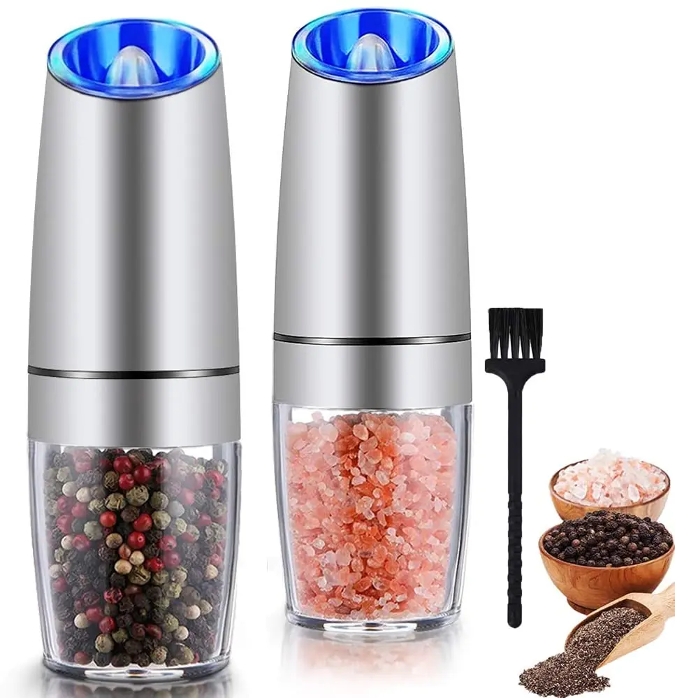 Electric Pepper Grinder set of 2 Automatic Salt and Pepper Mill Grinder Battery Powered Adjustable Roughness, Blue LED Light