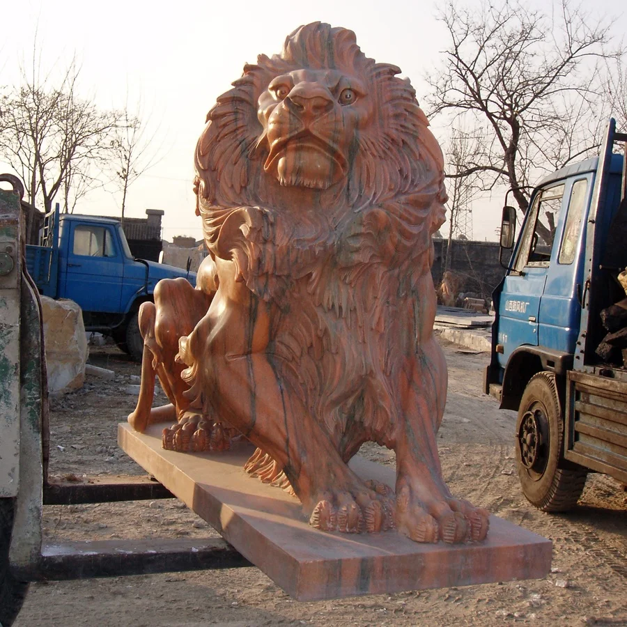 Life size sunset red marble carved garden stone lion sculpture for outdoor gate decoration