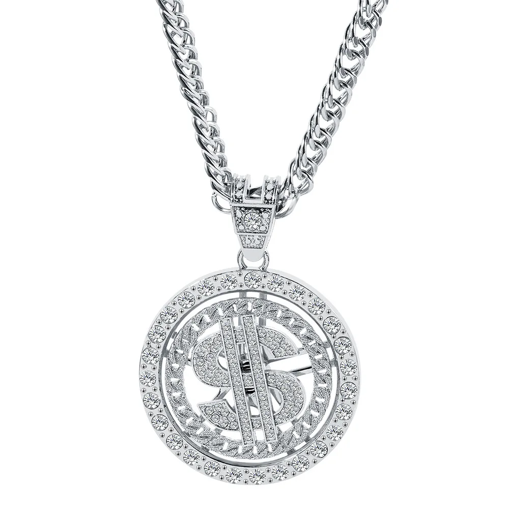 2022 Hip Hop 18K Gold Plated Rotating Iced Out Cuban Link Dollar Sign Necklace for Men