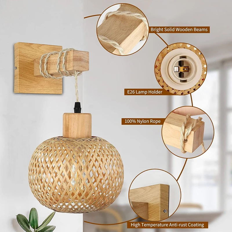 American Standard Customized Wall Hanging Suspension Adjustable Twisted Hemp Weaving Cord Bamboo Wood Wall Lamp