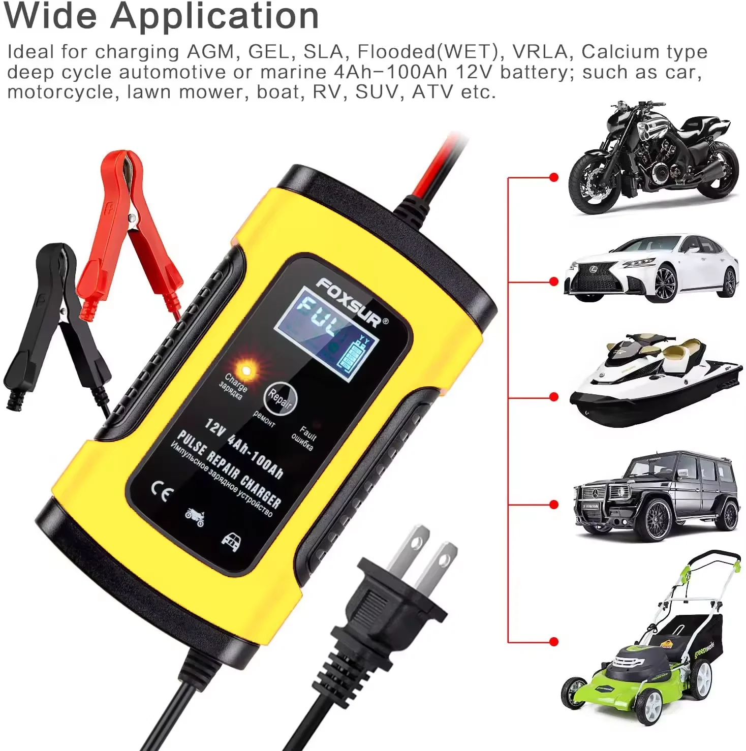 12V 5A motorcycle universal car battery charger pulse repair with LCD charger