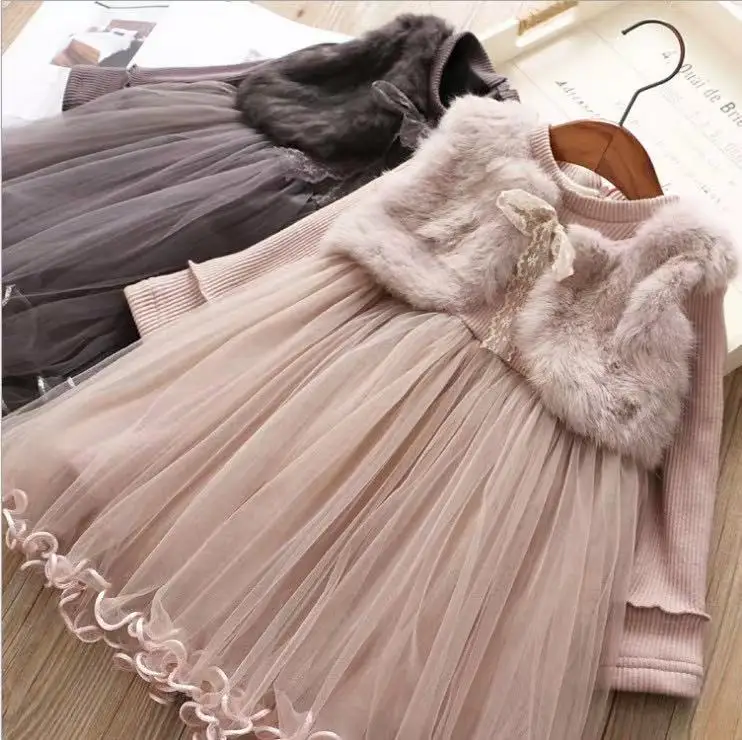 Girls Winter Clothing Princess Style Dress Pink Warm Fur One-piece Fleece-Lined Thickened Dress