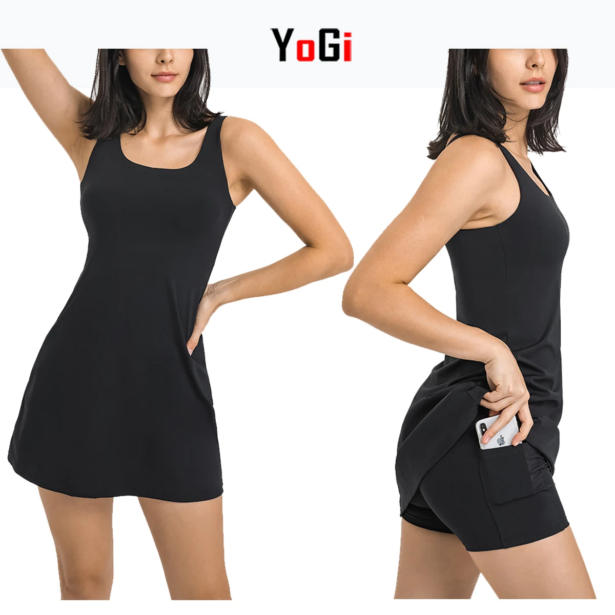 Wholesale Young Girls New Design Sportswear Gym Fitness Women One Piece Black Tennis Clothes Shirt Dress With Pocket Bra Shorts