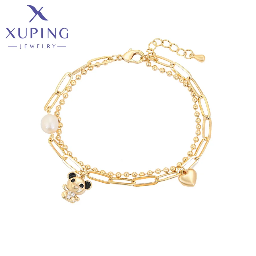 bracelet-755Xuping jewelry 14k gold Double chain Panda Pearl love element fashion cute design bracelet Environmental Copper