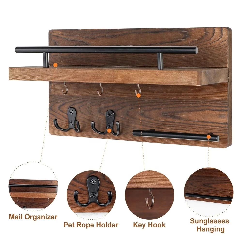 Farmhouse Wood Key Hanger for Wall Mail Holder Organizer Entryway Decorative Hanging Rack