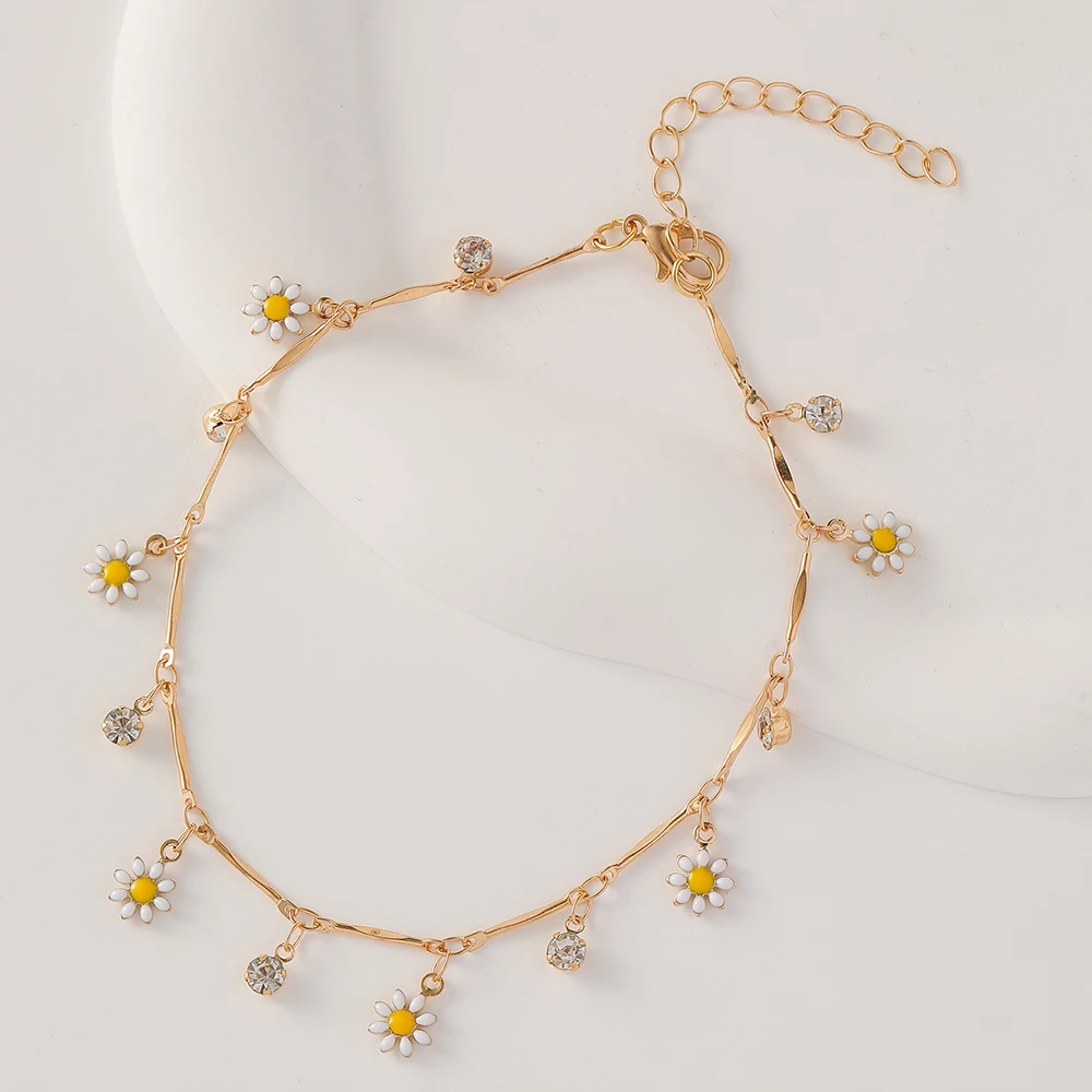 Trendy Women Ankle Bracelet Summer Beach Oil Drip Daisy Flower Crystal Anklets Foot Jewelry Wholesale