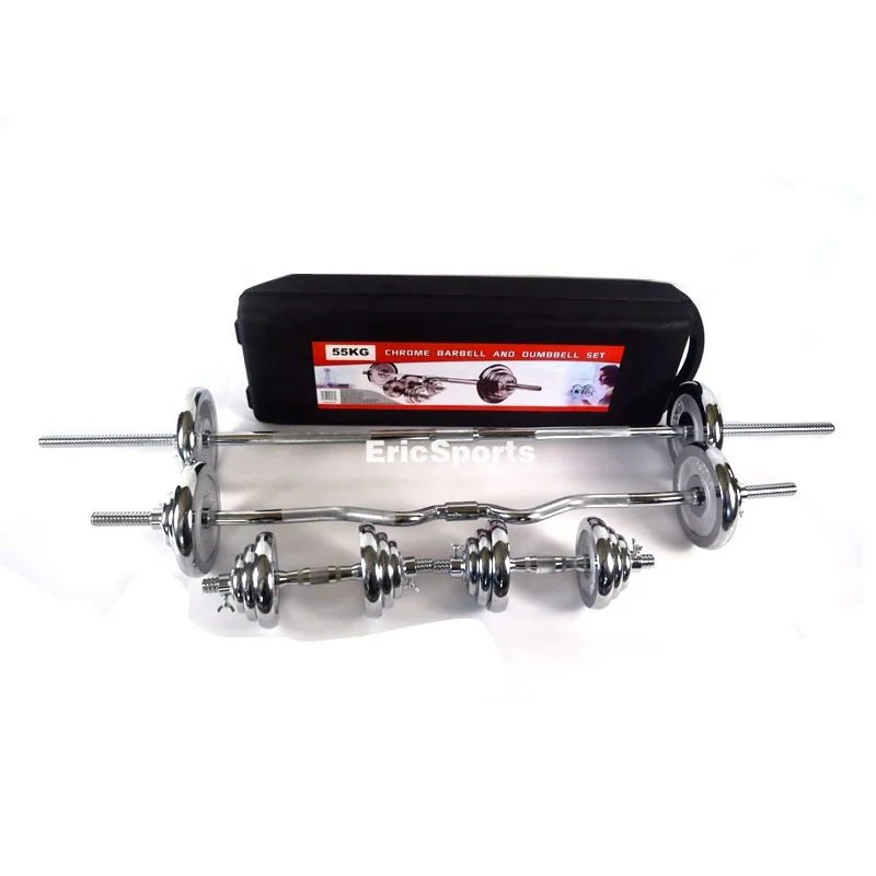 Free  Wholesales Customs logo Adjustable 50kg 55kg Weight Lifting Chrome Gym Dumbbell   Barbell Set With plastic Box
