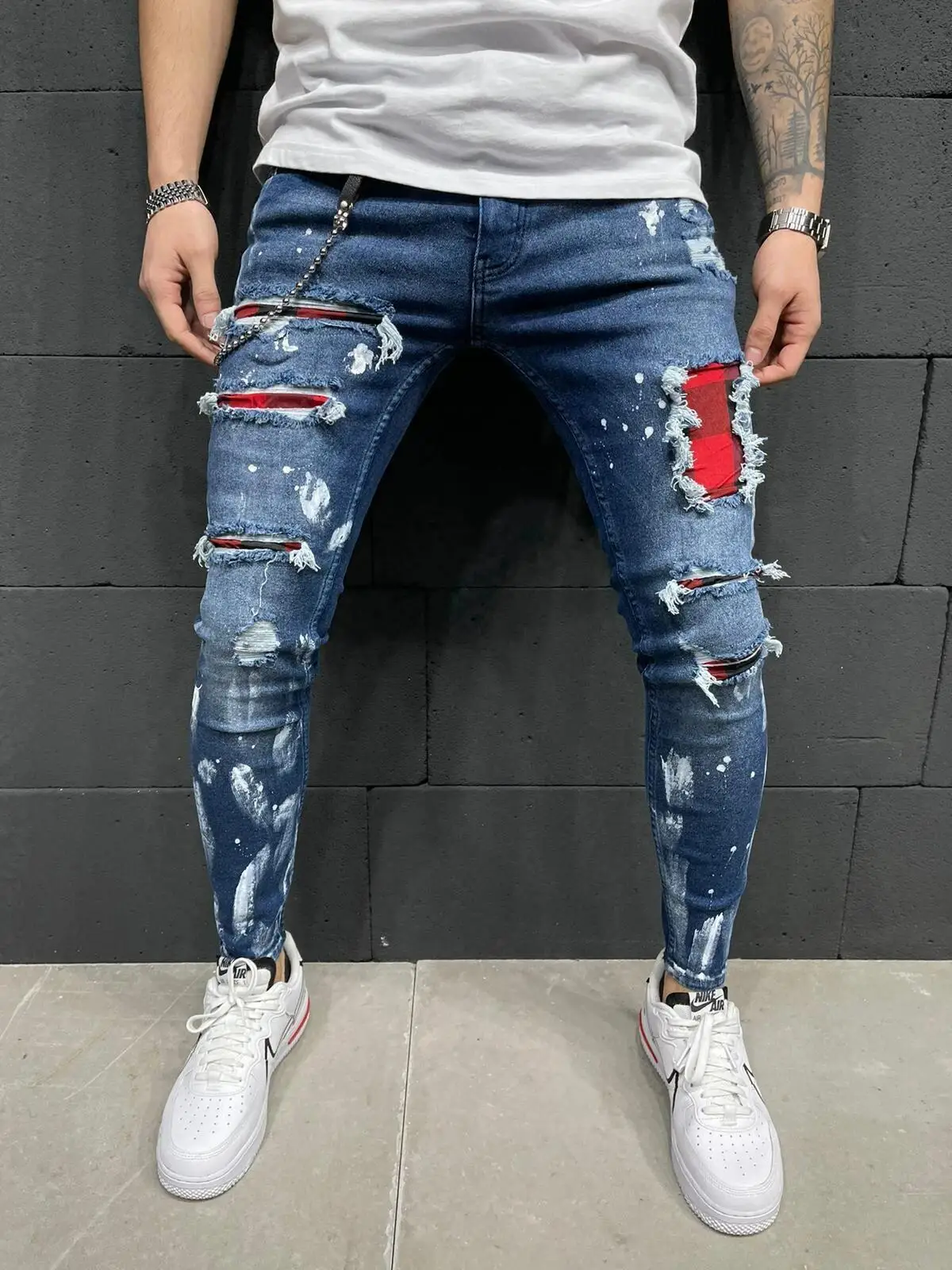 Newly Arrived Custom High Waist Skinny Jeans Patch Ripped Hole Men Stacked Pants Men Stretch Trousers Jeans