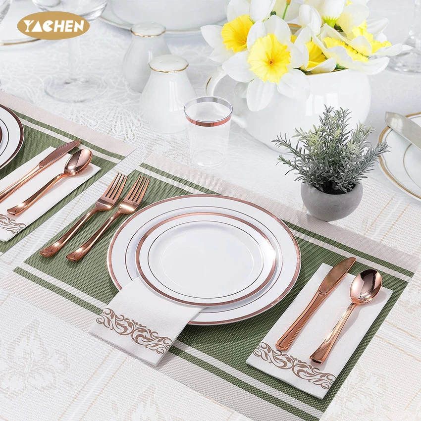 YACHEN Gold Silver Reusable Plastic Plates Disposable Tableware Dinnerware Set for Birthday Wedding Party Supplies Kits