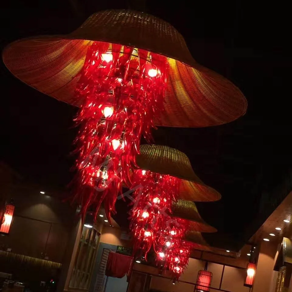 Hand Blown Art decoration hot pot restaurant lighting pepper design glass pieces unique handmade red glass art chandelier