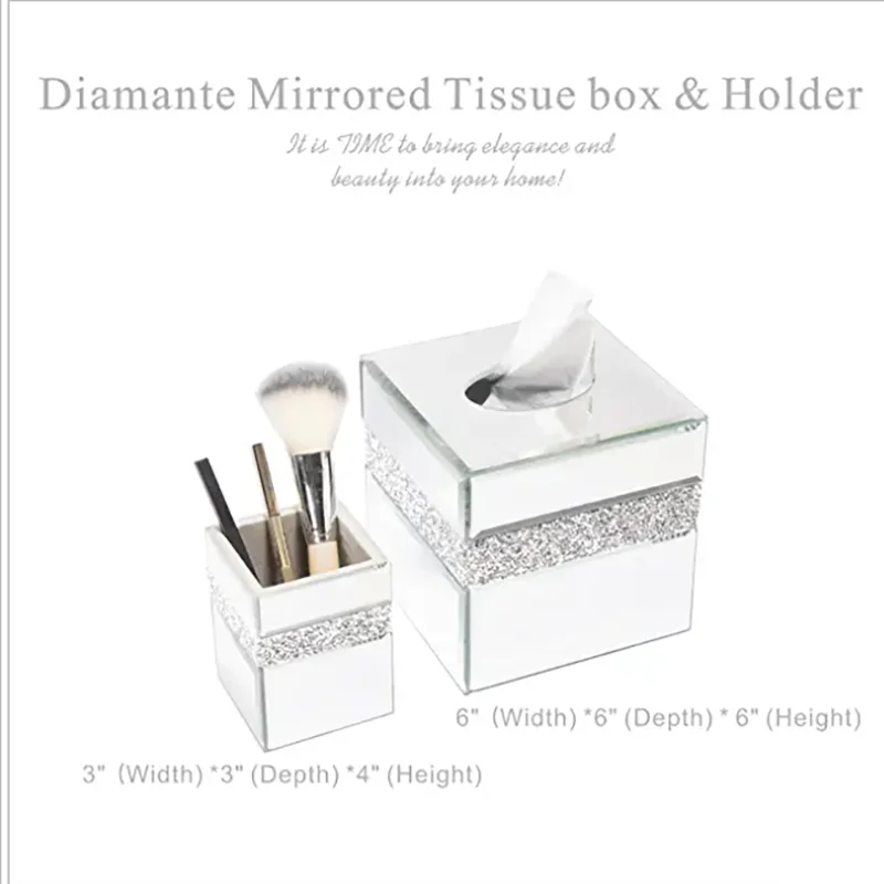 Diamante Mirrored Tissue Box Cover Brush Holder Kit Tissue Box Holder for Dresser Living Room Bedroom Luxury Gift