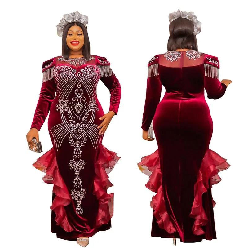 2023 African  evening dresses Velvet Beaded Long Evening Dresses fashion and Elegant Large Fish Tail Skirt for women
