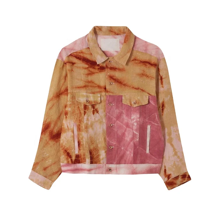 Wholesale allover  contrast color block print fashion linen jacket for women button up lady jacket