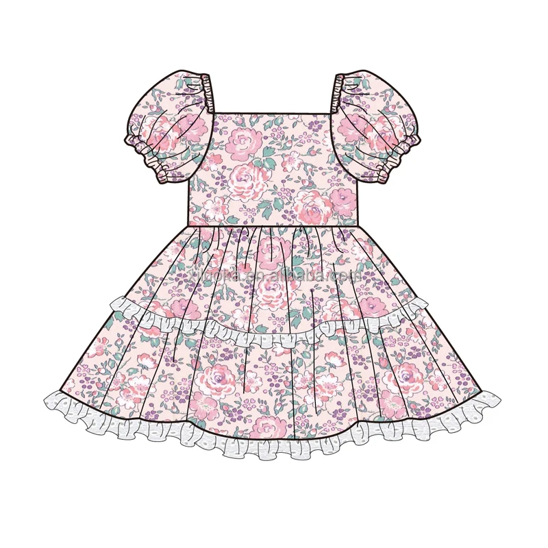 Wholesale Kids Boutique Clothing Short Sleeve Floral Print Children Dress with Lace