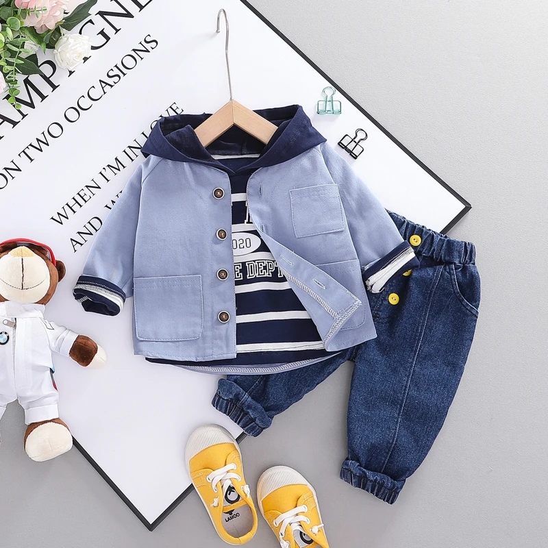
New Design 2020 Spring Baby Boy Letter Stripe Hat Casual Three Pieces Set Baby Girl Coat 