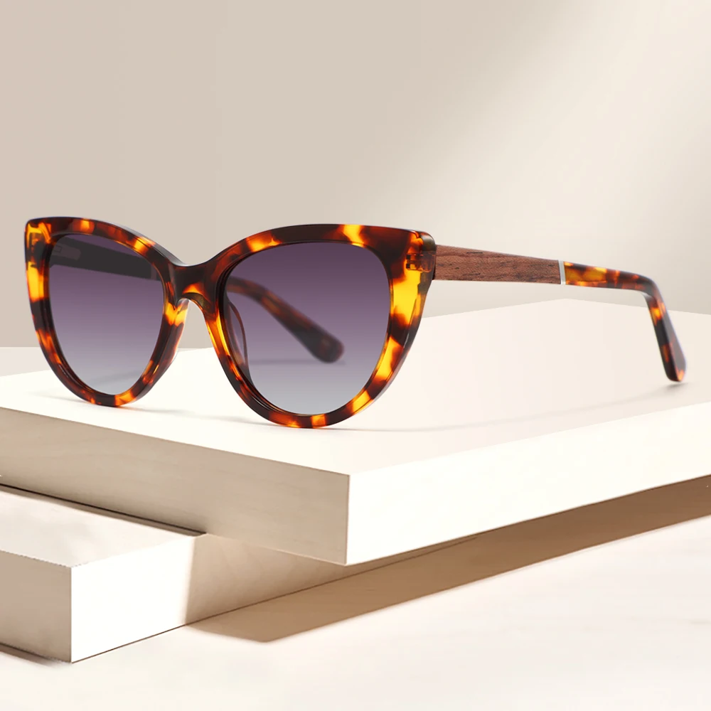 Fashion Woman Sun Glasses Newest Wholesale High Quality Hand Made Tortoise Acetate Frame Polarized Wooden Temples Sunglasses