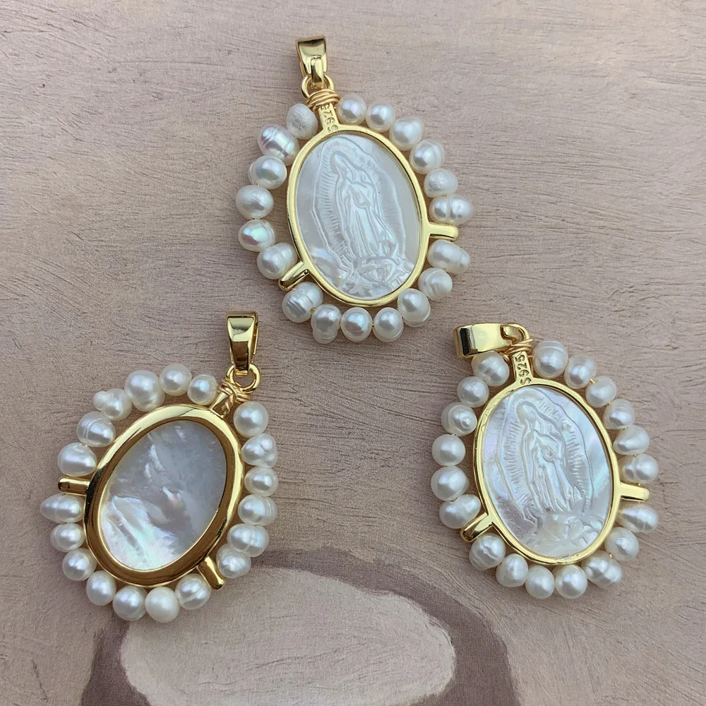 Holy Guadalupe Virgin Mary Necklace Natural Freshwater Pearl MOP Shell Cameo Oval Medal Pendant Jewelry