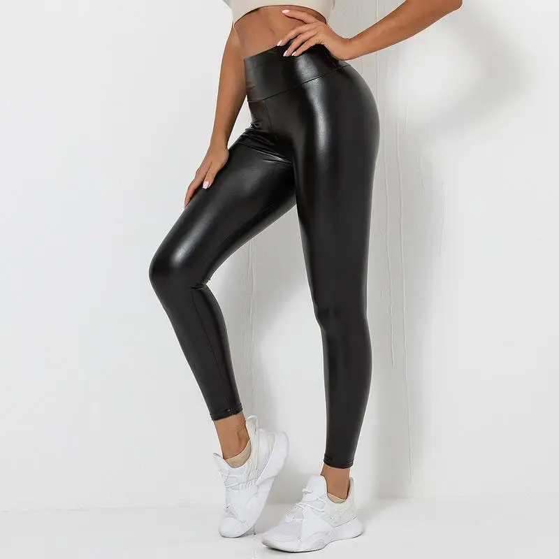 Slip Silk Training Stretch Ladies Sport Pants Plus Size Butt Lift Tights Trousers Women Fitness Yoga High-Rise Leather Leggings