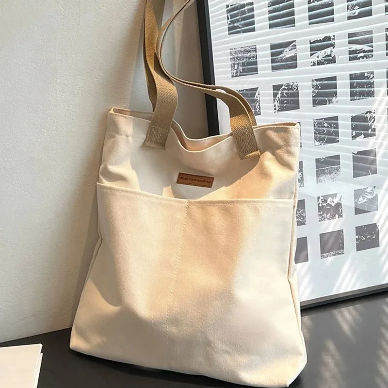 New Fashion College Style Custom Large Cotton Canvas Tote Bag with Pockets for Women Shopper and Student Class