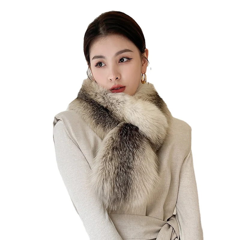 MWFur Fashion Winter Neck Warmer Full Fur Collar Scarf Silver Fox Fur Scarf For Women Fox Hair Scarves