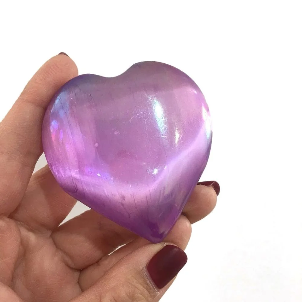 Wholesale natura 2inches Pink Aura White Selenite Heart Palms Healing Natural Angel Aura Quartz Palm Stone