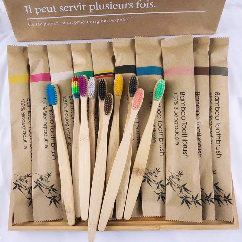 Custom Logo Manufacturer 100% Organic Biodegradable Adult Kids Bamboo Charcoal Bristles toothbrush bamboo With Kraft paper pack